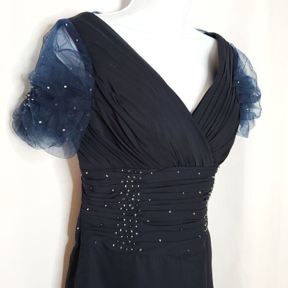 NEW Light in the Box Dress Navy Blue Sz 6 Beaded V Neck Gathered Bodice A Line - Picture 4 of 6